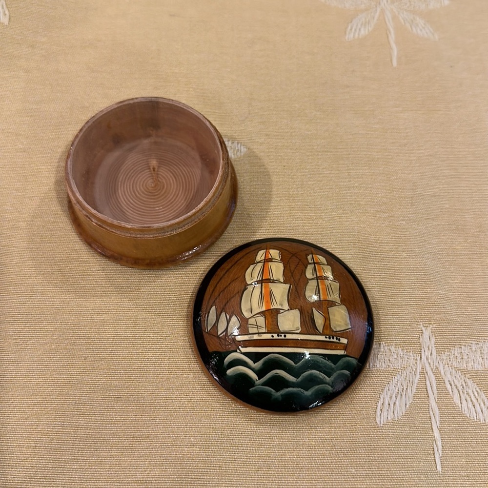 Vintage Mini Wooden / Wood Hand Painted Sailing Ships / Nautical Trinket Box.